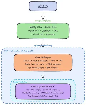PANGEA-SMM architecture: React frontend on Netlify, Nginx + R Plumber API on GCP